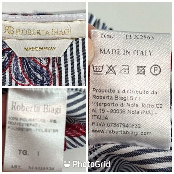 Roberta Biagi Size S M Top Shirt Embroidered Floral Nautical Striped Italy - Picture 11 of 12